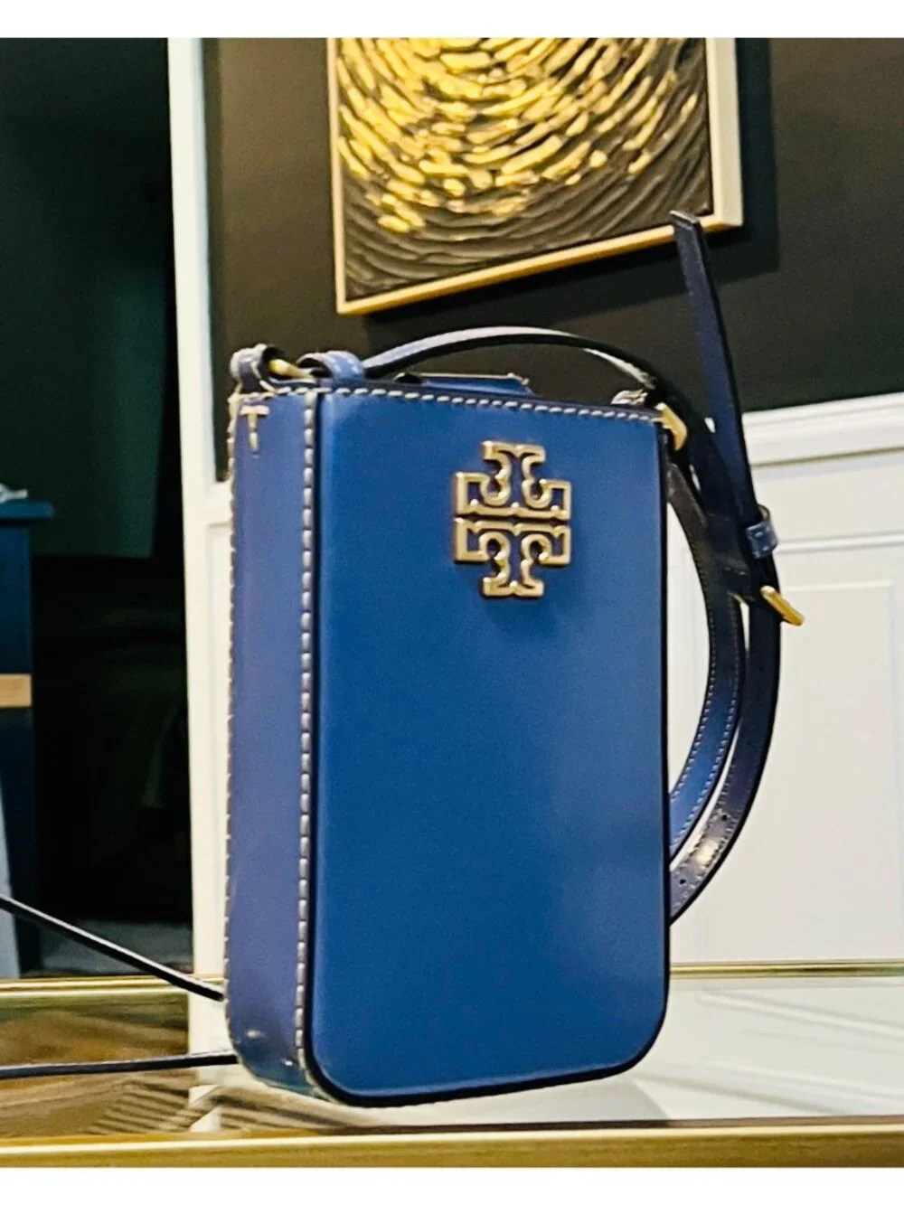 Auth Tory Burch Periwinkle Britten Patent Leather Crossbody/Cellphone Bag